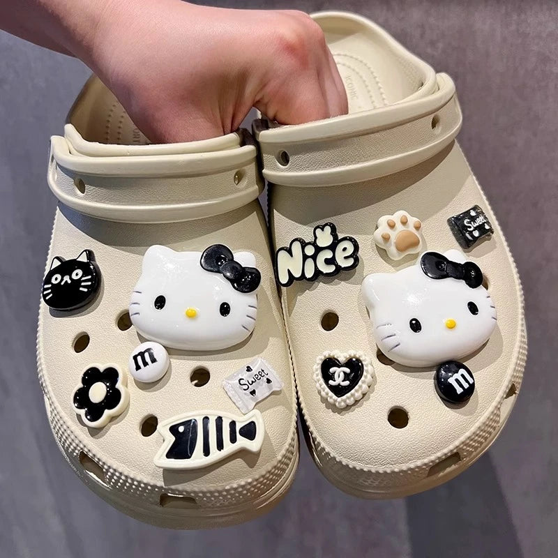 MINISO INS Black & White Series Hello Kitty Cat & Fish Shoe Charms Accessories Women Sandals Decorative Buckle Party Gifts ﻿