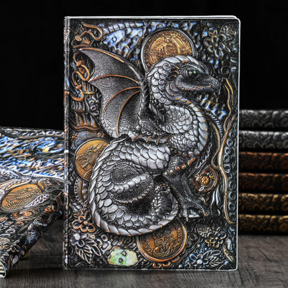 Carnet de notes A5 en relief avec motif dragon volant 3D, fait à la main, couverture en cuir, cadeau pour homme, voyage, pensées, notes, poésie