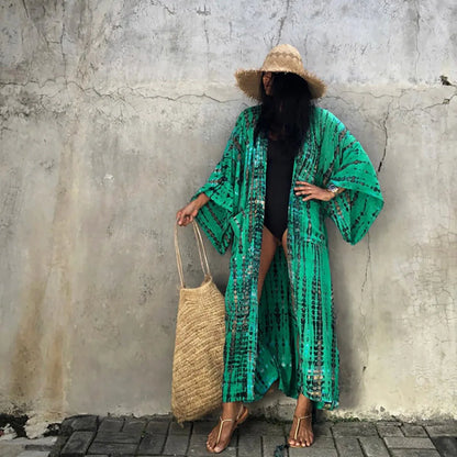 2023 Women Swimsuit Pareo Beachwear Boho Striped Print with Belt Short Sleeve Tunic Cardigan Summer Sexy Kimono Bikini Cover Up