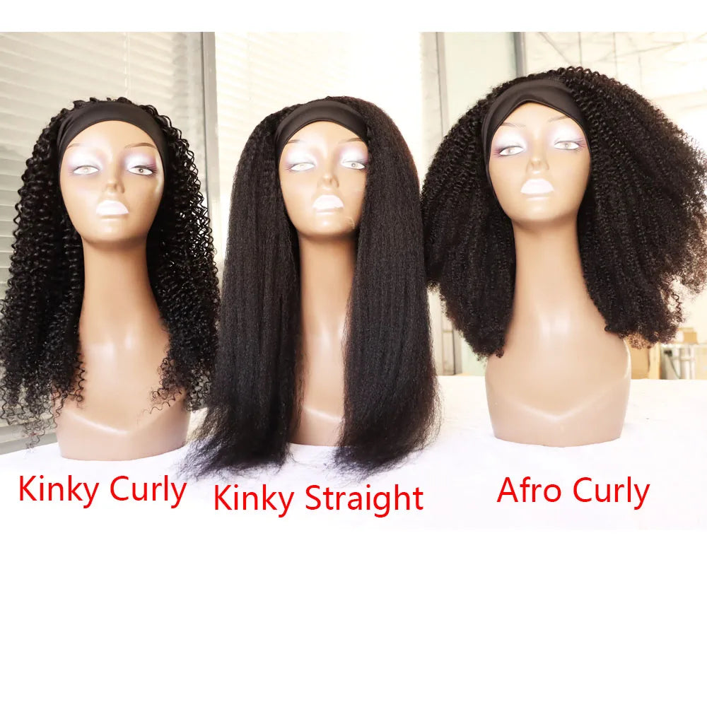 Afro Kinky Curly Headband Wigs Virgin Remy Human Hair Wig  4B 3C Afro Curly  Brazilian Hair Machine Made Wig With Band For Women