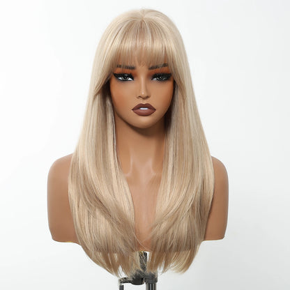 Perruques synthétiques longues blondes EASIHAIR pour femmes, cheveux naturels lisses et dégradés avec frange, résistantes à la chaleur, pour un usage quotidien