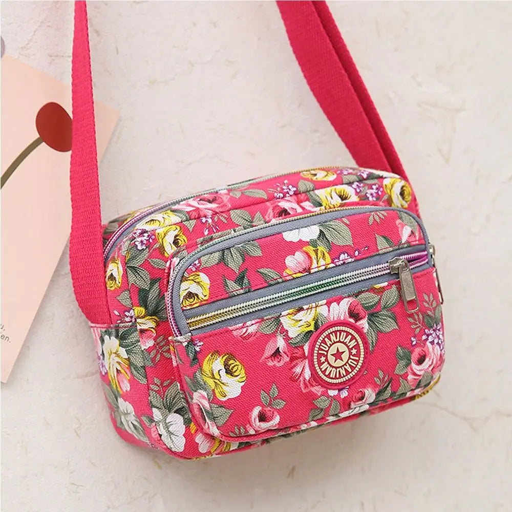 Casual Backpack Messenger Nylon Canvas Cloth Bag Shoulder Multi Layered Floral Print Mother Handbag Women's Crossbody Bag