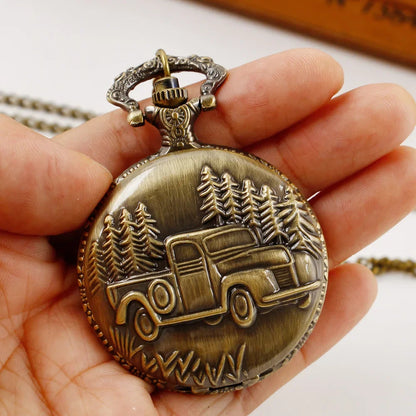 Vintage Bronze Quartz Steampunk Watch 3D Car Truck Pattern Pocket Watch Men FOB Chain Necklace Pendant Clock Gifts