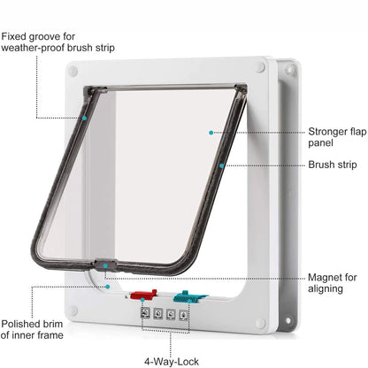 Dog Cat Flap Door with 4 Way Security Lock Flap Door for Dog Cats Kitten ABS Plastic Small Pet Gate Door Kit Cat Dogs Flap Doors