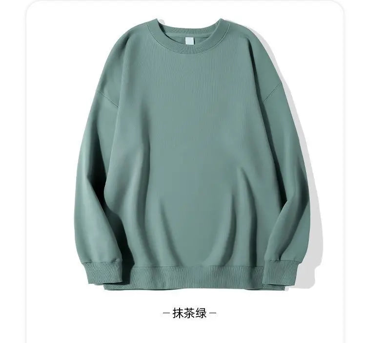 Autumn Sweatshirt Fashion Matcha Green 420g Heavy Round Neck Sweater Men's Solid Color Top Streetwear Women