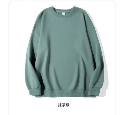 Autumn Sweatshirt Fashion Matcha Green 420g Heavy Round Neck Sweater Men's Solid Color Top Streetwear Women