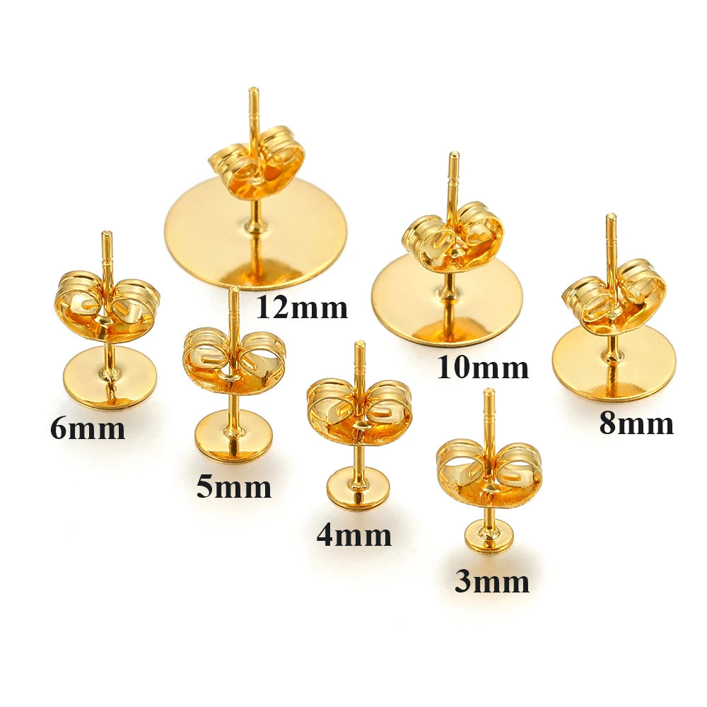 50-100pcs Stainless Steel Water Gold Earrings Studs Base Blank Post Pins Earring Plug Ear Back Findings for DIY Jewelry Making