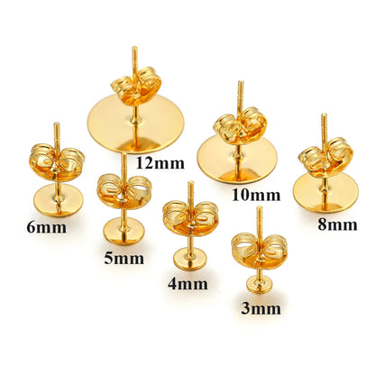 50-100pcs Stainless Steel Water Gold Earrings Studs Base Blank Post Pins Earring Plug Ear Back Findings for DIY Jewelry Making