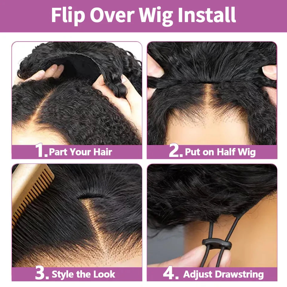 Upgraded 3 IN 1 Half Wig Burmese Messy Curly Flexi-Fit Flip Drawstring Wig Glueless Human Hair Ready to Go Kinky Curly Wig