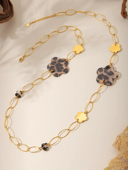 Stainless Steel Long Necklace For Women 18k Gold Plated Women's Sweater Chain Necklaces Woman Leopard Print Jewelry Accessories