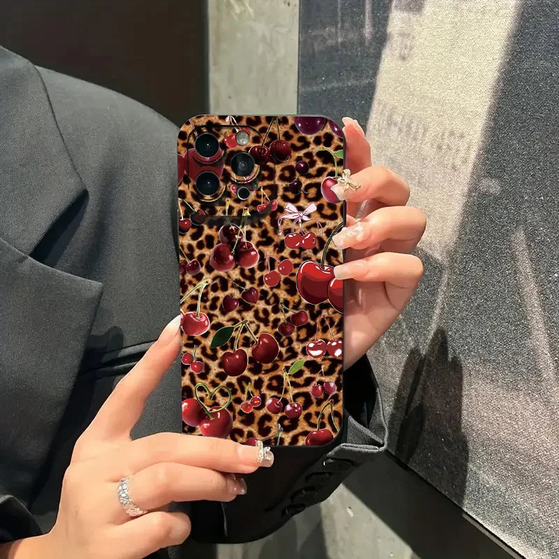 Leopard Cherry Pattern TPU Phone Case For iPhone 16 Cases iPhone 15 14 13 12 11 Pro Max XS X XR 7 8 Plus SE2 Soft Silicone Cover
