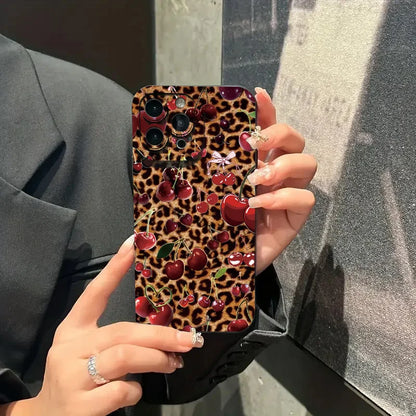Leopard Cherry Pattern TPU Phone Case For iPhone 16 Cases iPhone 15 14 13 12 11 Pro Max XS X XR 7 8 Plus SE2 Soft Silicone Cover