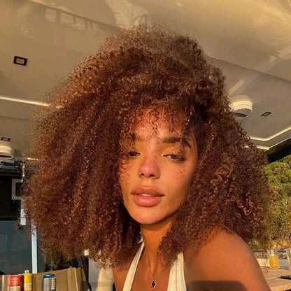 Brown Color PiXie Cut Afro Kinky Curly Human Hair Wigs with Bangs Brazilian Short Curly Human Hair Wig Wear to go Glueless Wig