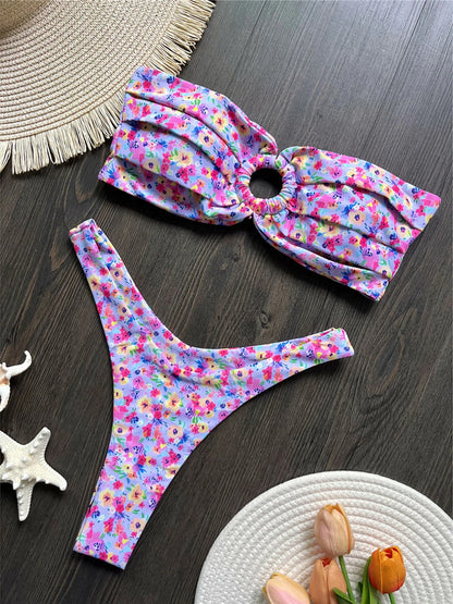 Sexy Colorful Floral Printed Bandeau Bikini Female Swimsuit Women Swimwear Two-pieces Bikini set Bather Bathing Suit Swim K6137