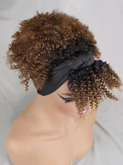 200% Density 1BT30 Afro Kinky Curly Scarf Wig with Bangs Machine Made Wig Curly 100% Human Hair Wig Preplucked for Black Women