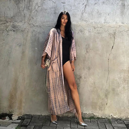 2023 Women Swimsuit Pareo Beachwear Boho Striped Print with Belt Short Sleeve Tunic Cardigan Summer Sexy Kimono Bikini Cover Up