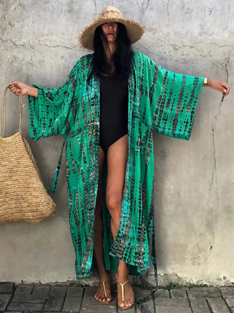 2023 Women Swimsuit Pareo Beachwear Boho Striped Print with Belt Short Sleeve Tunic Cardigan Summer Sexy Kimono Bikini Cover Up