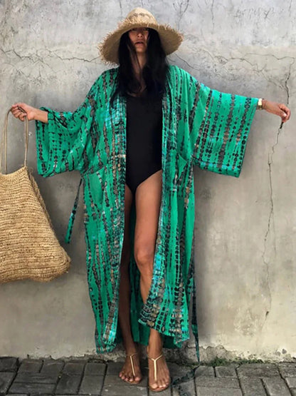 2023 Women Swimsuit Pareo Beachwear Boho Striped Print with Belt Short Sleeve Tunic Cardigan Summer Sexy Kimono Bikini Cover Up