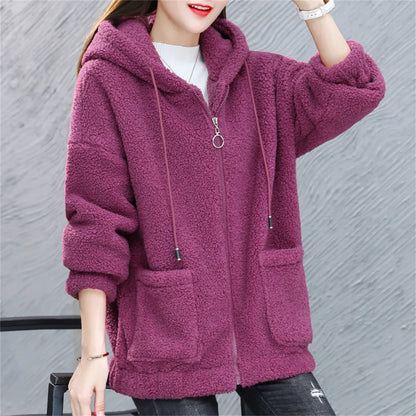 Women Fleece Hooded Sweater Solid Lamb Cashmere Cardigan Jacket Coat Ladies Casual Plush Autumn Winter Long Sleeve Solid Tops
