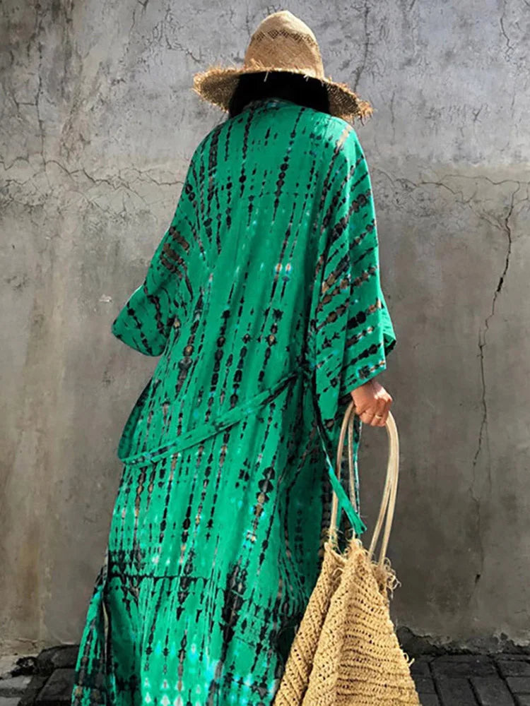2023 Women Swimsuit Pareo Beachwear Boho Striped Print with Belt Short Sleeve Tunic Cardigan Summer Sexy Kimono Bikini Cover Up