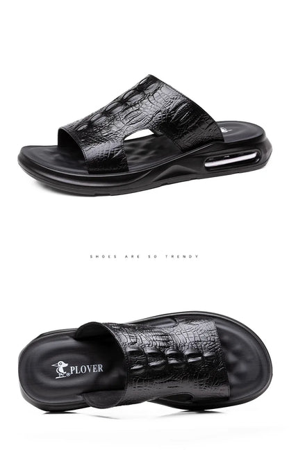 Chaussures d'été pour hommes, sandales en cuir véritable, imprimé crocodile, pantoufles décontractées, tongs à coussin d'air, chaussures de plage cool