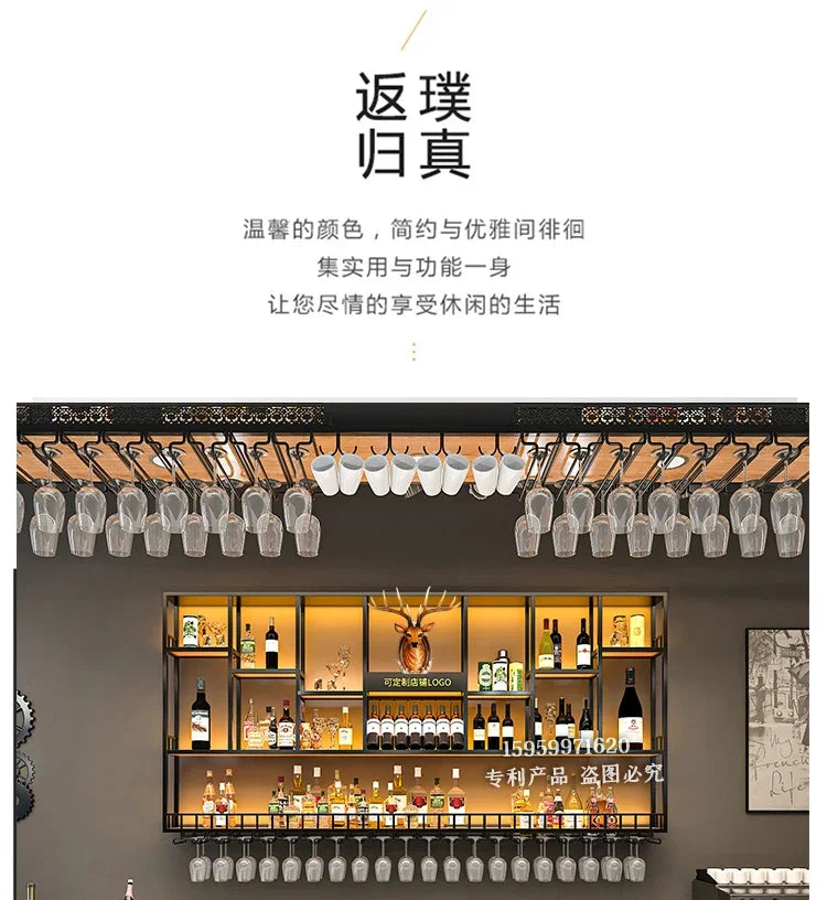 Customized: bar counter wine cabinet against the wall, hanging shelves, industrial style bar, wrought iron display stand,