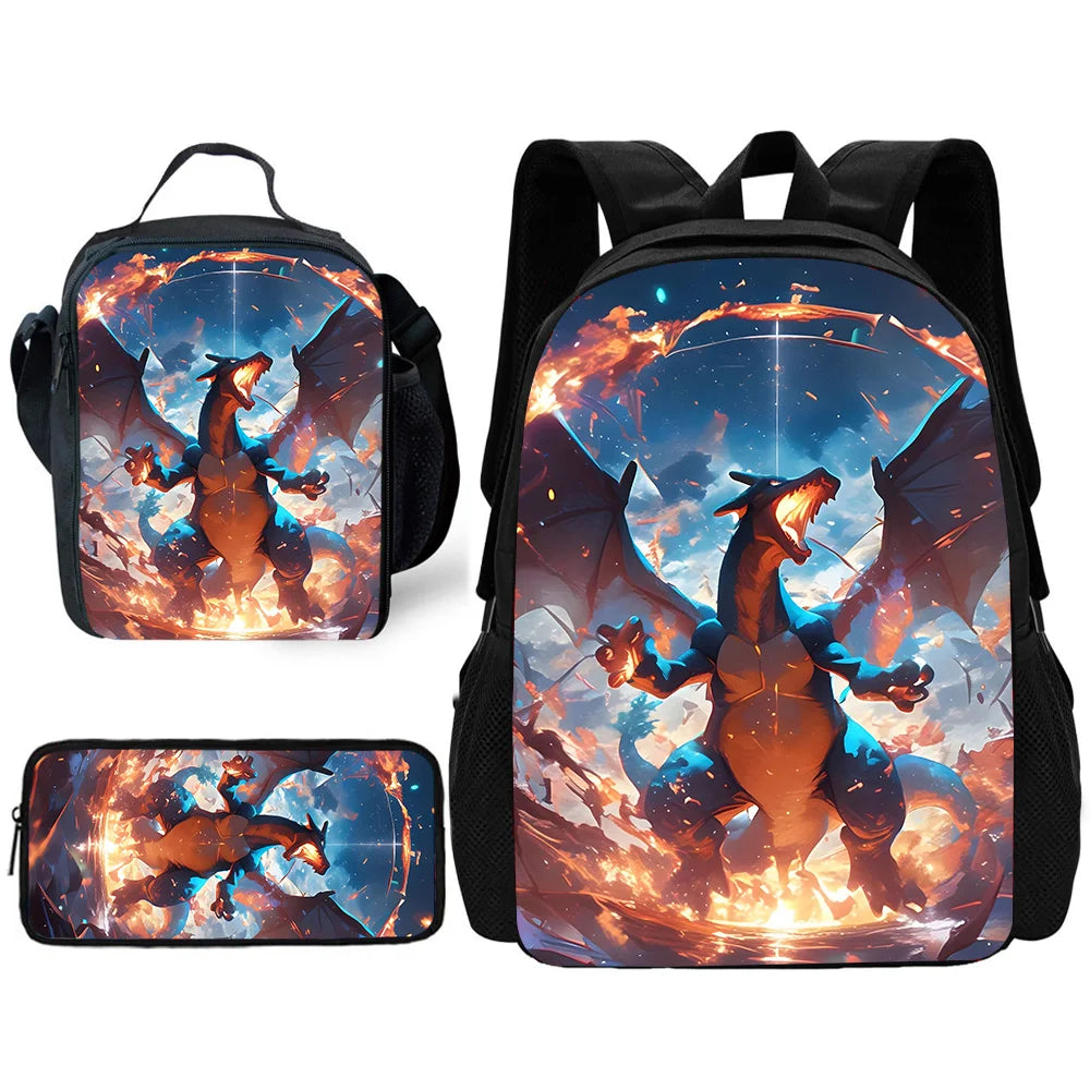 Child School Cute Anime Charizards Backpack with Lunch Bags ,Pencil Bags ,School Bags for Boys Girls Best Gift