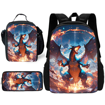 Child School Cute Anime Charizards Backpack with Lunch Bags ,Pencil Bags ,School Bags for Boys Girls Best Gift
