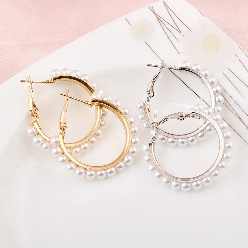 Exaggerated Imitation Pearl Round Hoop Earrings for Women Hiphop Punk Metal Creative Geometry Loop Jewelry Accessory Girl Gift