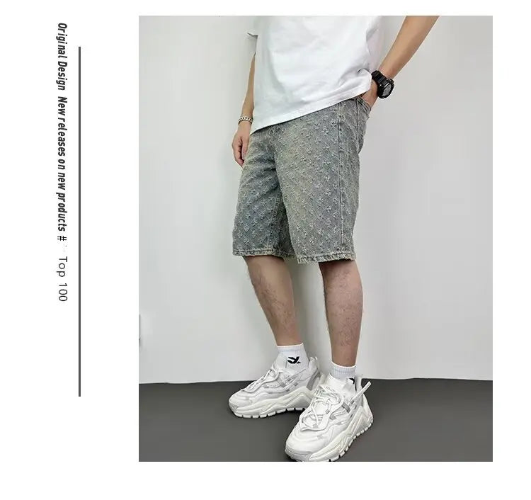 Ccowboy Shorts Men's Summer Workwear Pants Loose Straight Leg Mid Length Pants Elastic Waist American High Street Trendy Shorts