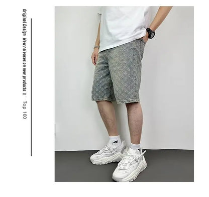 Ccowboy Shorts Men's Summer Workwear Pants Loose Straight Leg Mid Length Pants Elastic Waist American High Street Trendy Shorts