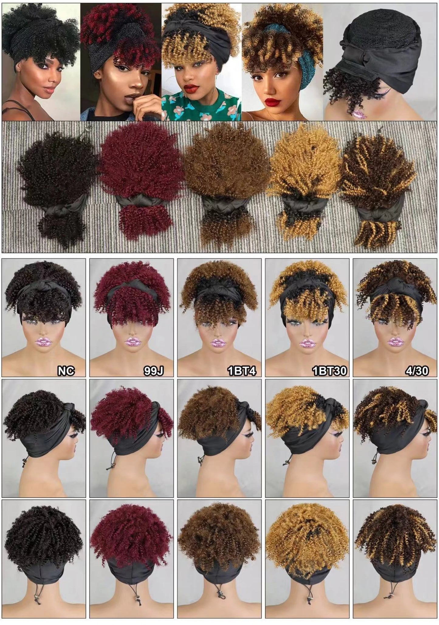 200% Density 1BT30 Afro Kinky Curly Scarf Wig with Bangs Machine Made Wig Curly 100% Human Hair Wig Preplucked for Black Women