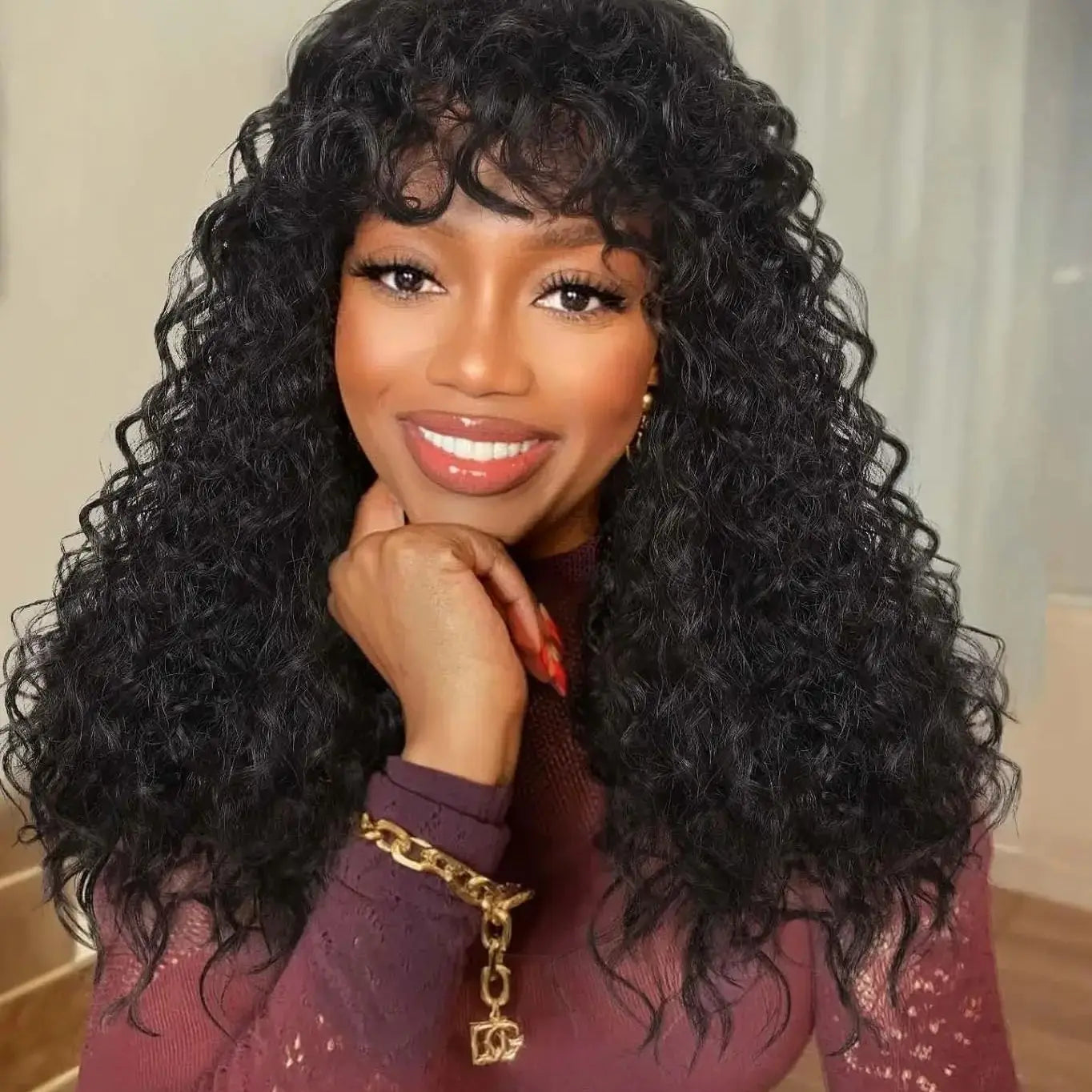 Perruques ondulées en cheveux humains avec frange pour femmes, entièrement fabriquées à la machine, 45 à 81 cm, perruque bouclée profonde, cheveux Remy, couleur naturelle
