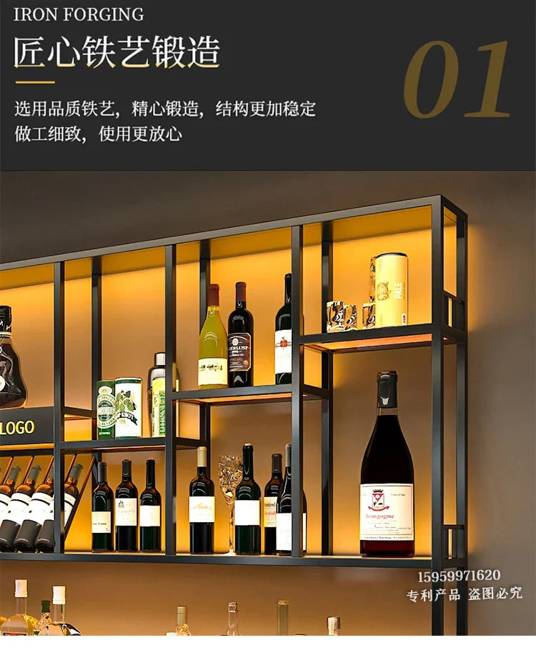 Customized: bar counter wine cabinet against the wall, hanging shelves, industrial style bar, wrought iron display stand,
