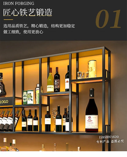 Customized: bar counter wine cabinet against the wall, hanging shelves, industrial style bar, wrought iron display stand,