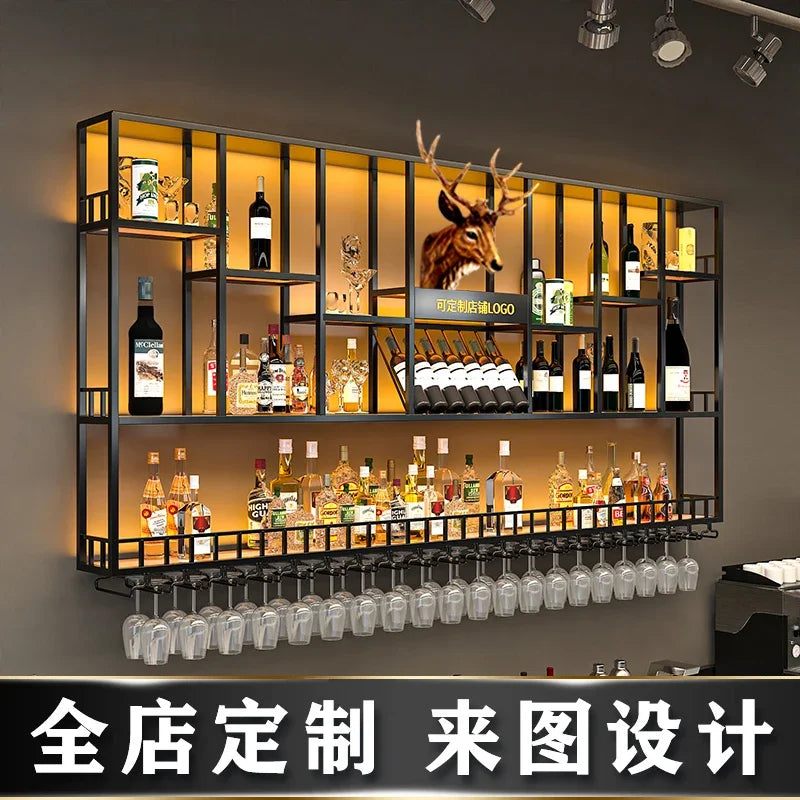 Customized: bar counter wine cabinet against the wall, hanging shelves, industrial style bar, wrought iron display stand,