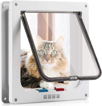 Dog Cat Flap Door with 4 Way Security Lock Flap Door for Dog Cats Kitten ABS Plastic Small Pet Gate Door Kit Cat Dogs Flap Doors