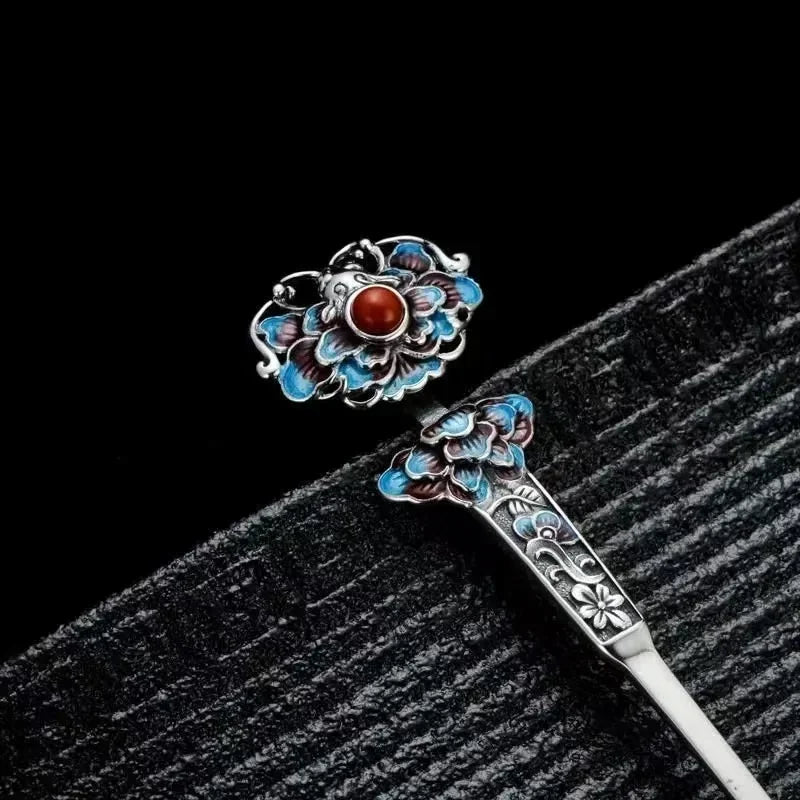 Classic charms enamel Lotus flower blue tiara hair Jewelry 925 silver exquisite ethnic style Hanfu qipao hanfu accessories