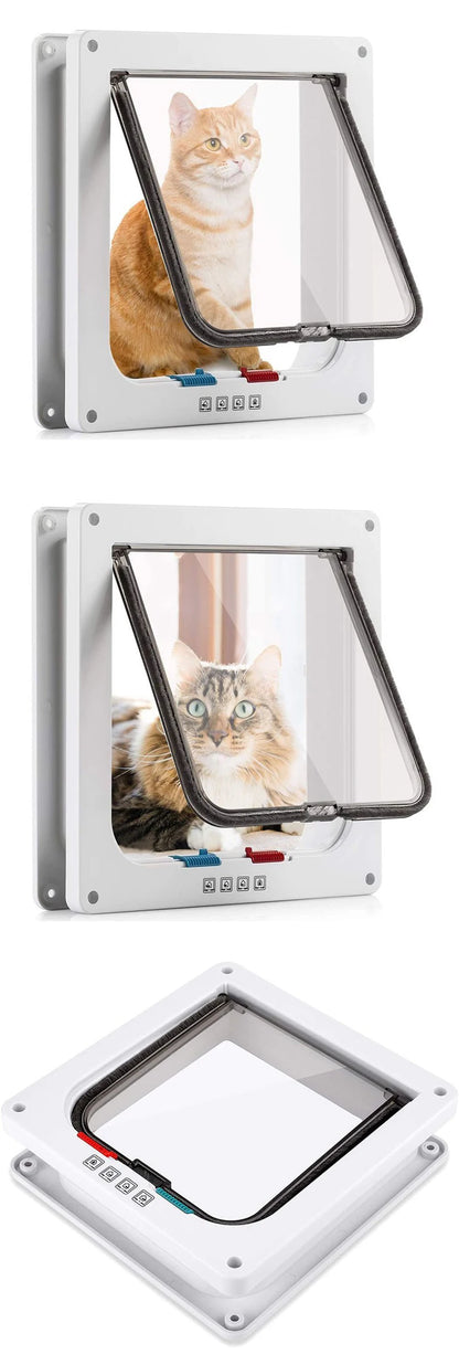 Dog Cat Flap Door with 4 Way Security Lock Flap Door for Dog Cats Kitten ABS Plastic Small Pet Gate Door Kit Cat Dogs Flap Doors