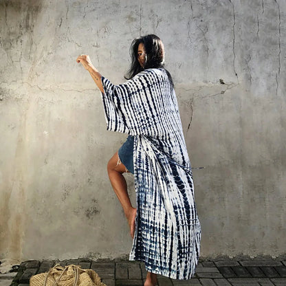 2023 Women Swimsuit Pareo Beachwear Boho Striped Print with Belt Short Sleeve Tunic Cardigan Summer Sexy Kimono Bikini Cover Up