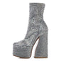 2024 Silver High Heel Chelsea Boots – Women's Platform Ankle Boots Square Toe with Diamond Decor, Chunky Heel Short Boots