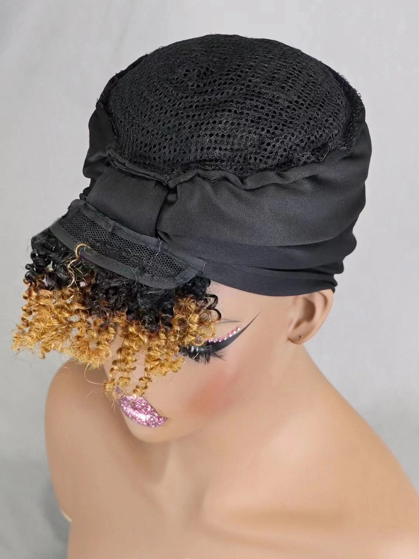 200% Density 1BT30 Afro Kinky Curly Scarf Wig with Bangs Machine Made Wig Curly 100% Human Hair Wig Preplucked for Black Women