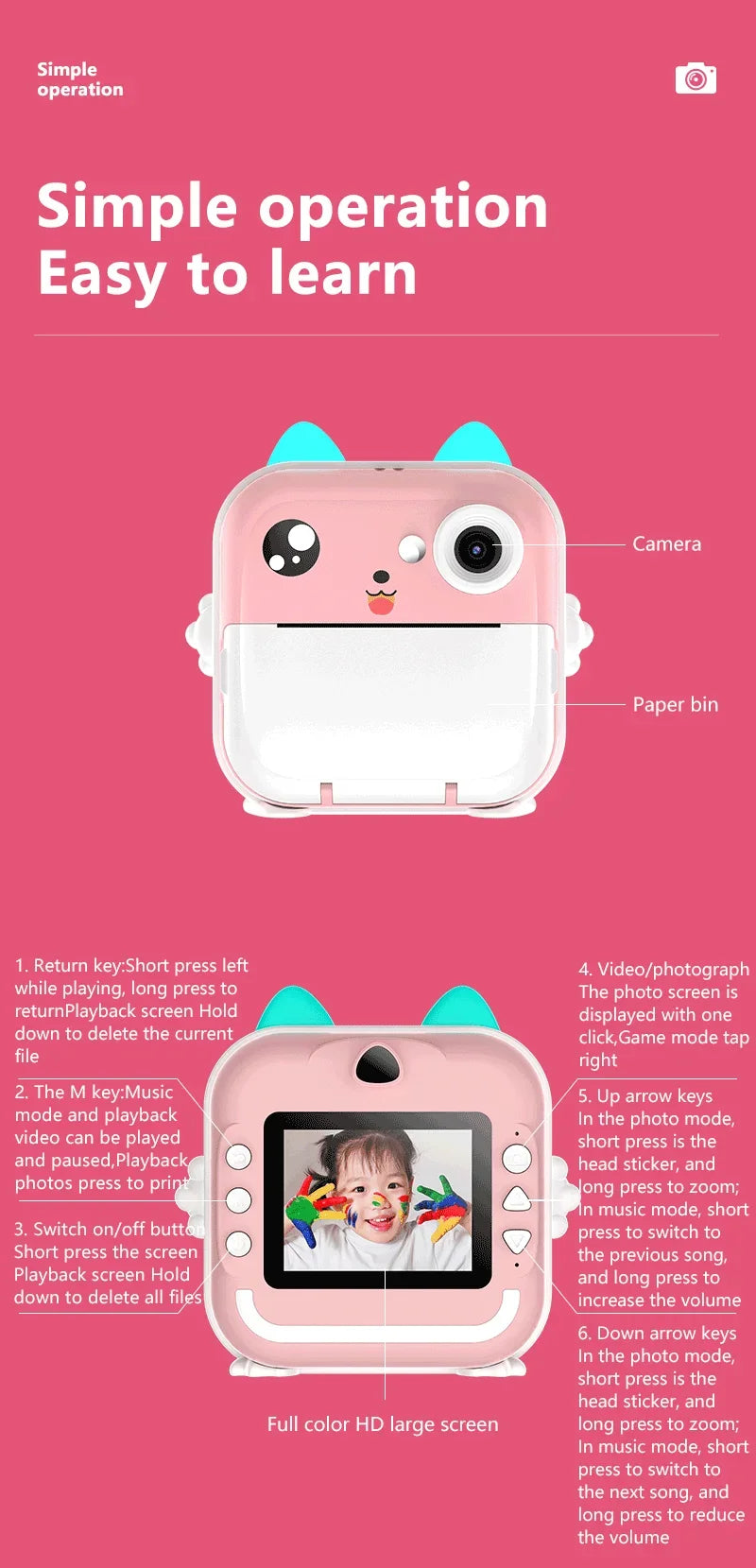 Digital Camera Toys Kids Instant Print Thermal Print Camera Instant Print Photo Video with 32G Memory Card Kids 1080P HD