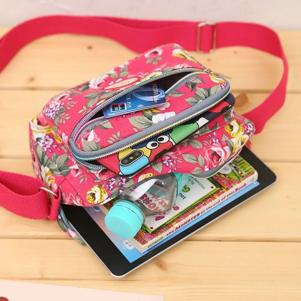 Casual Backpack Messenger Nylon Canvas Cloth Bag Shoulder Multi Layered Floral Print Mother Handbag Women's Crossbody Bag