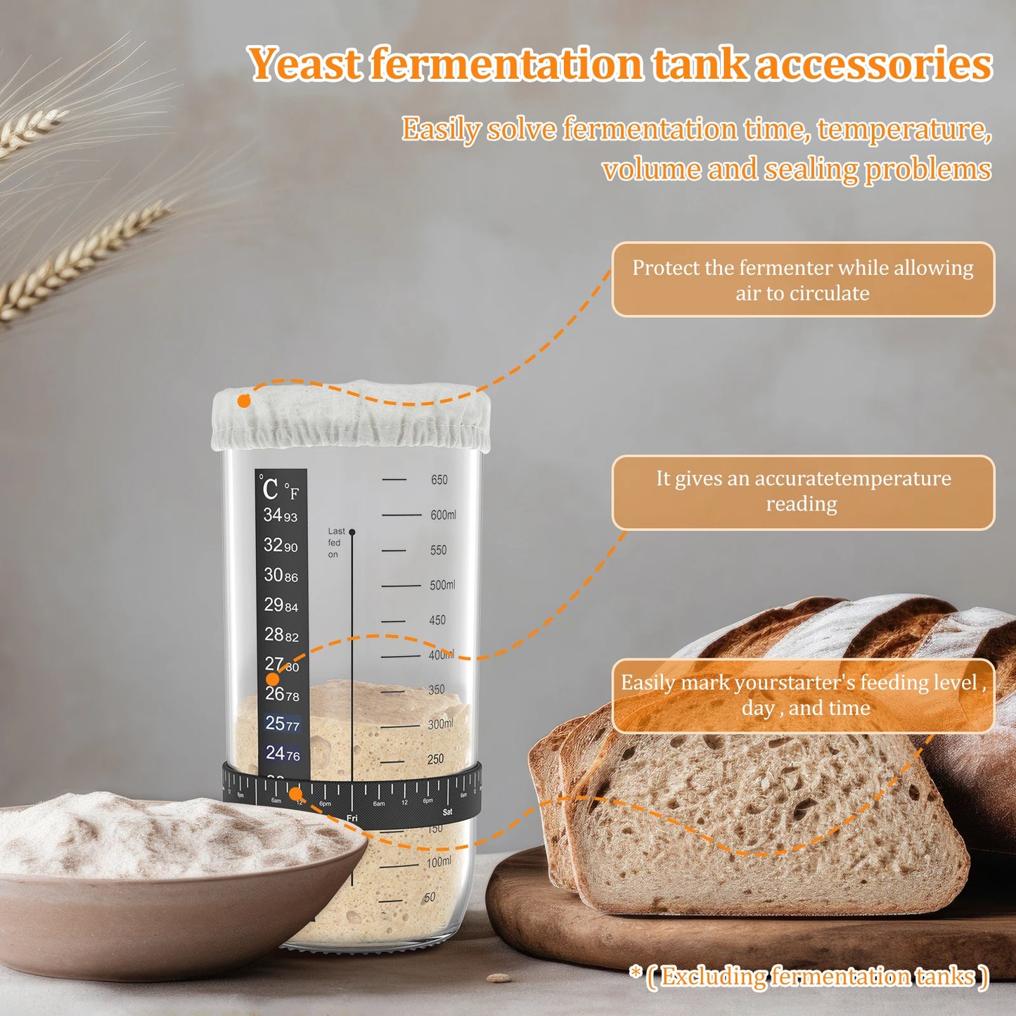 7Pcs Sourdough Starter Kit with Cloth Covers Temperature Date Marked Feeding Bands and Scraper for 3-4 In Jars Baking Supplies
