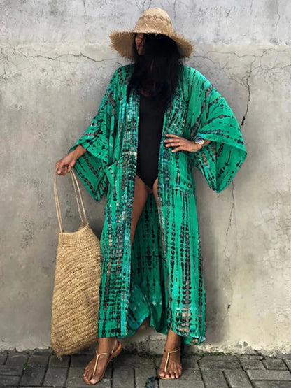 2023 Women Swimsuit Pareo Beachwear Boho Striped Print with Belt Short Sleeve Tunic Cardigan Summer Sexy Kimono Bikini Cover Up