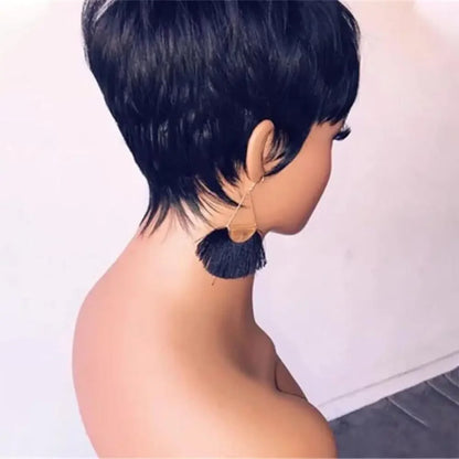 Perruque courte et lisse en cheveux humains, coupe Pixie, fabriquée à la machine, pour femmes noires, avec frange, dégradée, vierge, noir 1B, bonnet complet