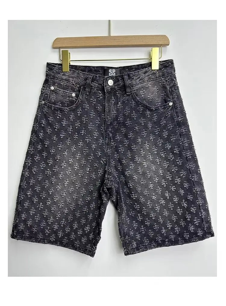 Ccowboy Shorts Men's Summer Workwear Pants Loose Straight Leg Mid Length Pants Elastic Waist American High Street Trendy Shorts