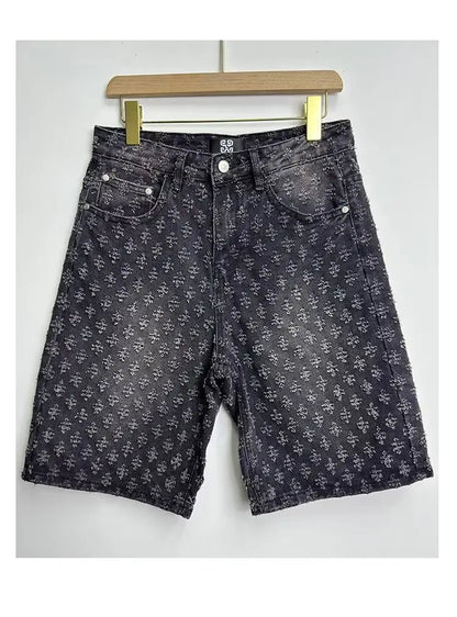 Ccowboy Shorts Men's Summer Workwear Pants Loose Straight Leg Mid Length Pants Elastic Waist American High Street Trendy Shorts