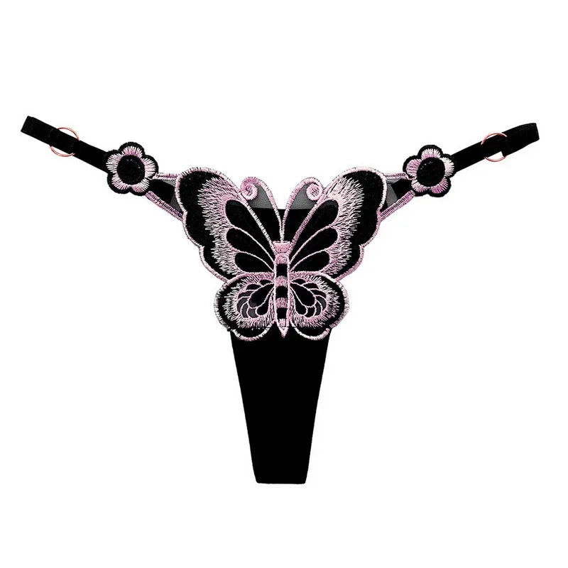 Butterfly Embroidery Thongs G Strings Sexy Underwear Women's Thong Transparent Mesh Panties Adjustable Low Waist Briefs Lingerie
